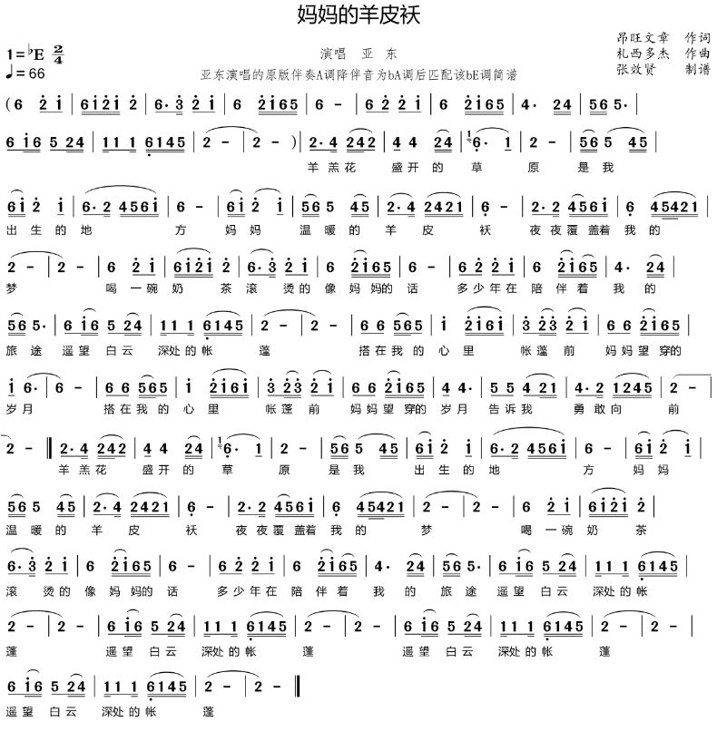 薩克斯譜 媽媽的羊皮襖 降E調簡譜 薩克斯譜 媽媽的羊皮襖 降E調簡譜