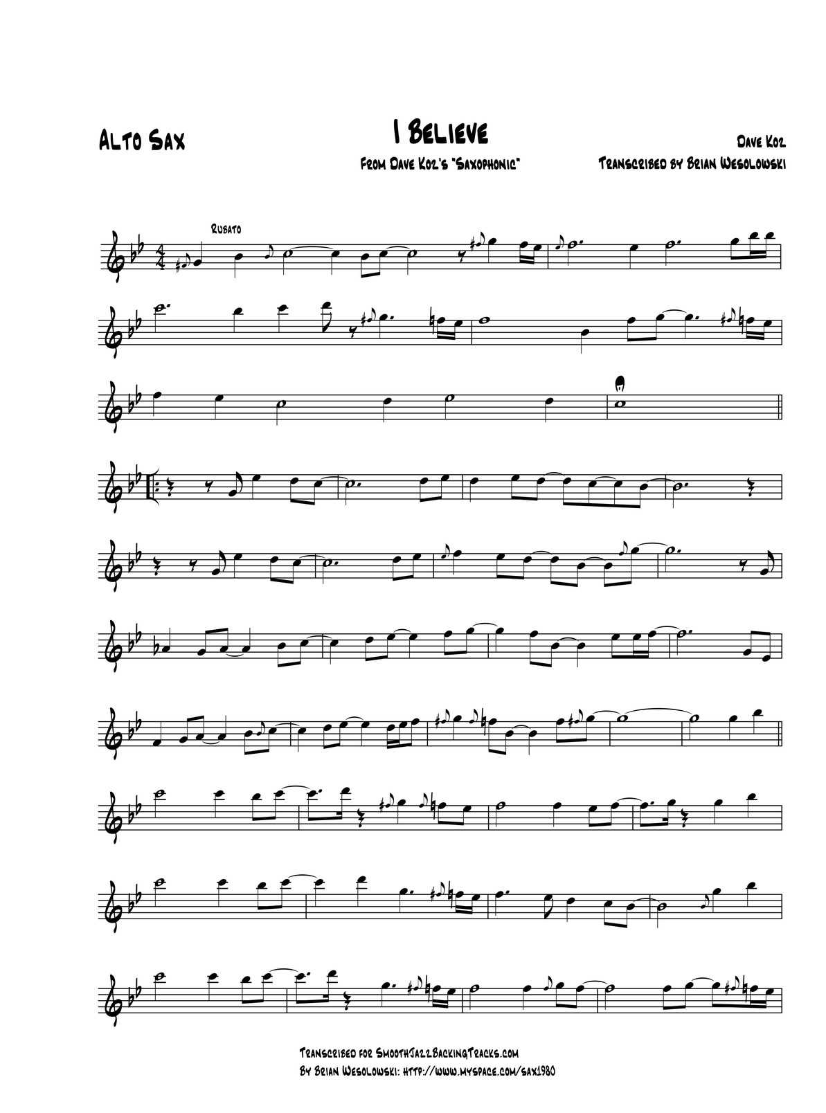 午夜的薩克斯 五線譜(降E調) 午夜的薩克斯 五線譜(降E調)